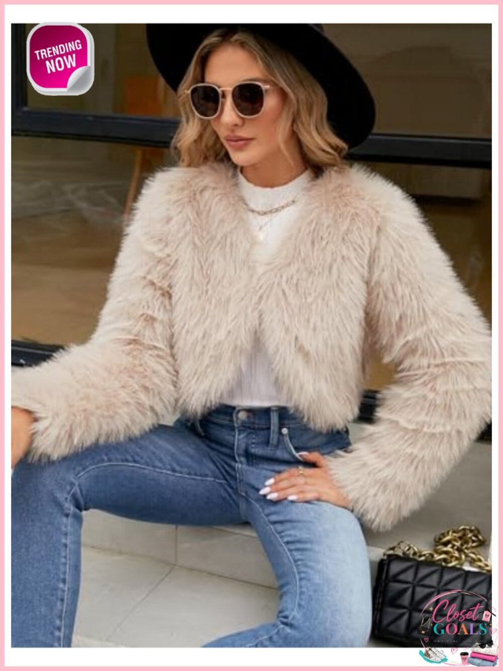 Cropped Faux Fur Jacket Long Sleeve Open Front Fuzzy Coat - Picture 4 of 6